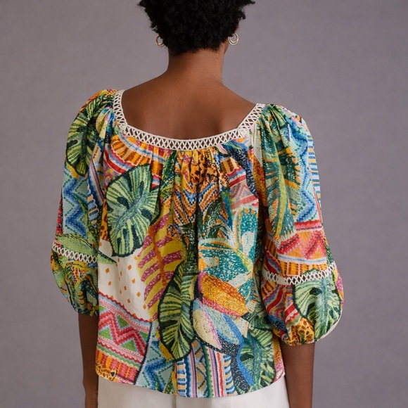 Farm Rio Anthropologie Lace Inset Peasant Blouse Tropical Print Small - Picture 3 of 11